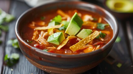 Wall Mural - A delicious bowl of chicken tortilla soup, topped with crispy tortilla strips and avocado.