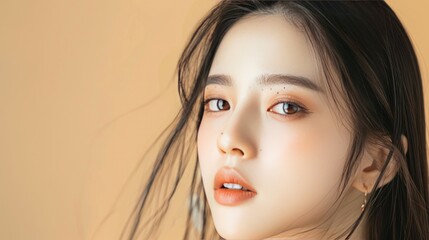 Wall Mural - Young Asian woman with long hair, Korean makeup, smooth skin, beige background, focus on facial treatment and skincare