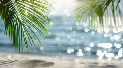 Sticker - fresh green palm leaf and white sand on blurred glittering bokeh light water background, beautiful idyllic sand beach backdrop with product display for summer vacation, travel and relaxation outdoors