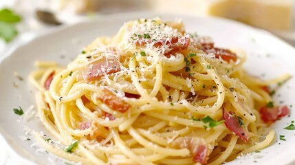 Wall Mural - A delicious plate of spaghetti carbonara, topped with crispy pancetta, a rich creamy sauce, and freshly grated Parmesan cheese.