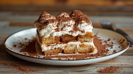 Canvas Print - A delicious serving of tiramisu, with layers of coffee-soaked ladyfingers, mascarpone cheese, and a dusting of cocoa powder.