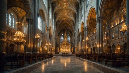 A majestic cathedral interior with soaring vaulted ceilings, detailed frescoes and mosaics, and a grand altar with gold accents, flanked by tall candles and intricate carvings