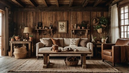 Wall Mural - A rustic farmhouse-style apartment with distressed wooden furniture, shiplap walls, and warm, earthy tones, combined with cozy textiles and vintage accessories