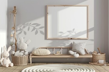 Mock up frame close up in children room with natural wooden furniture, 3D render