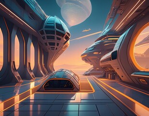 Wall Mural - Fantasy alien planet in space. Flying saucer. 3D rendering