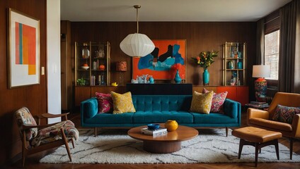 Wall Mural - An eclectic mid-century modern apartment with iconic furniture pieces, bold patterns, and a mix of warm wood tones and bright colors