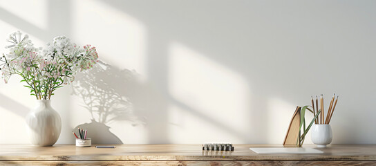 Poster - cottagecore style home office interior, white wall background, copy space for text, minimalistic spring decor with flowers in vase and pencils on table, banner mockup,