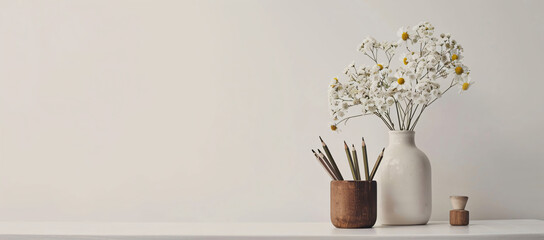 Poster - 
Scandinavian home interior design of modern bedroom desk with flower vase, books and pencil holder with spring flowers on white wall background.