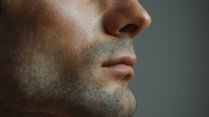 close up of man's face with clean shaven chin, no hair on his jawline, closeup shot, skin care commercial, 