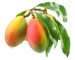 Branch of mango tree with ripe and unripe mangoes on transparent background