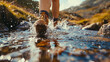 © amila - Close-Up View of Hiker's Foot in Mountain Stream, Solo Man Walking in River with Boots, Outdoor Adventure, Nature Trekking, Mountain Exploration