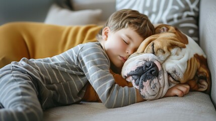 Boy sleeping with dog on sofa at home