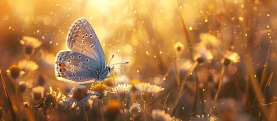 Sticker - Enchanting view of a common blue butterfly resting in a field of flowers with warm golden light in the blurry background. Peace and tranquility concept