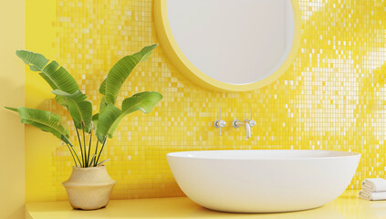 Wall Mural - Yellow Bathroom Interior Design with Bathtub and Plant.