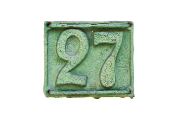 Wall Mural - Old retro weathered cast iron plate with number 27 isolated on white background