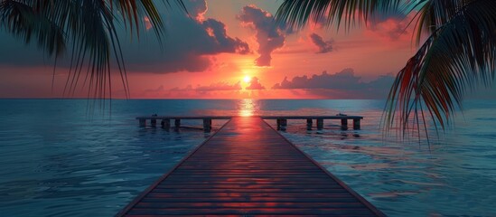 Wall Mural - Sunset Over the Ocean with a Wooden Pier