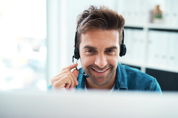Aufkleber - Listening, headset and man with smile, laptop and consultation for help in agency and customer service. Advisor, connect and call center in home office, communication and operator for telemarketing