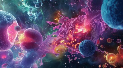 Wall Mural - A visualization of cellular apoptosis (programmed cell death), showing the cell breaking apart into apoptotic bodies, with neighboring cells engulfing these fragments, highly detailed and colorful, di