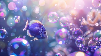 Wall Mural - Magical underwater world with fish swimming in the ocean full of bubbles. Underwater colorful life concept