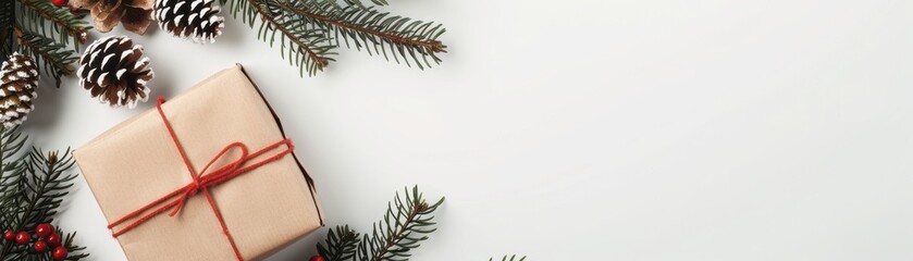 Flat lay of a wrapped gift with pine cones and evergreen branches on a white background, perfect for holiday or Christmas themes.