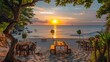 © PStyle - A picturesque image of a beachside restaurant with vibrant sunset colors reflecting on the ocean waves.