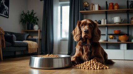 Wall Mural - A Cocker Spaniel dog and a bowl of dry food in a modern apartment, food, diet.