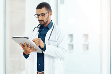 Poster - Online, doctor and man with tablet in hospital for patient updates and emergency response. Person, medical and internet for medication administration, clinical documentation and treatment planning.