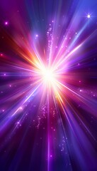 Wall Mural - Radiant purple light burst  abstract rays on dark background with pink and gold sparkles