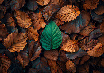 Single green leaf among brown autumn leaves