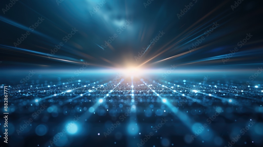 Abstract futuristic digital landscape with bright light rays and ...