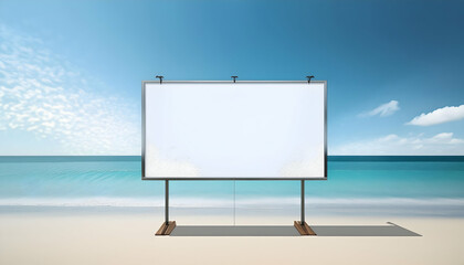 Empty white sign board beach scene featuring a large blank billboard with a metal frame.  blank white billboard on a beach, offering a prime location for outdoor advertising.beach background 