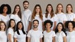 © ZinaZaval - Eight young girls are standing in a row against a plain gray background, all wearing white t-shirts and smiling