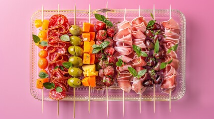 Wall Mural - Gradient pink to purple backdrop displaying an elegant glass tray with assorted antipasti skewers with olives, cheese, and meats