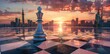 © Gelpi - Black chess king on a reflective chessboard with a city skyline and sunset background representing strategic vision - Generative ai