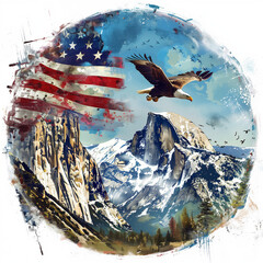 American flag with a soaring eagle over rugged mountains, symbolizing freedom and national pride. Patriotic design with stars, stripes, and nature elements representing USA's heritage.