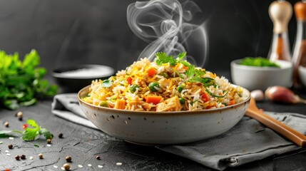 Wall Mural - A bowl of freshly cooked fried rice, steaming hot and topped with vegetables and chicken, sits on a dark countertop