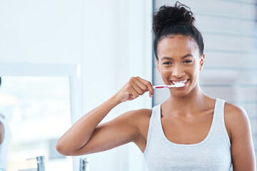 Poster - Dental care, bathroom and portrait of woman brushing teeth for health, wellness and morning routine. Oral hygiene, teeth whitening and person with clean mouth treatment for fresh breath at home.