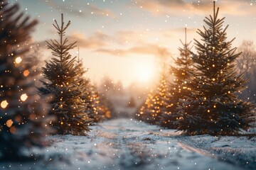 Wall Mural - a Christmas tree farm with four christmas trees lined up horizontal and decorated with lights , snowy grass floor, dreamy glow, delicate snow flakes, very realistic, eye level, warm and joyful, soft g