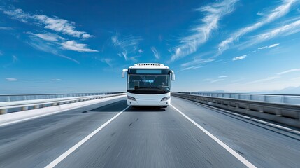 A white passenger bus drives down a highway under a bright blue sky with fluffy clouds