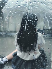 Poster - photo of the girl in school uniform sitting on her phone, through raindrops and foggy glass, holding an umbrella with white handle , black hair , sad face , photo from behind, full body shot, posted t