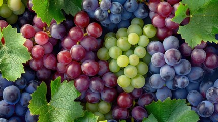 A variety of grape clusters, including green, red, and pink grapes, are arranged on a light pink surface, with some green leaves