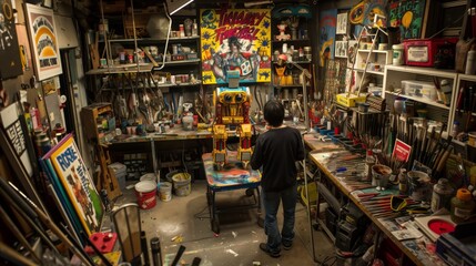 3. An artist painting a large art toy in a studio filled with various tools and art supplies