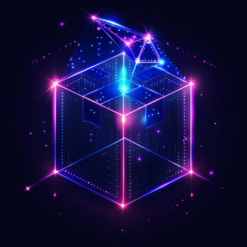 Abstract futuristic open box with glowing low poly lines on dark blac background,