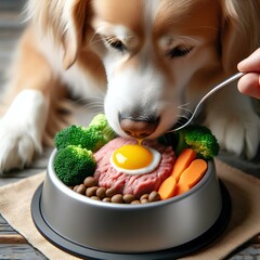 Wall Mural - Cut dog with dog bowl with raw meat, ground turkey meat, carrots, broccoli, raw egg yolk on top.