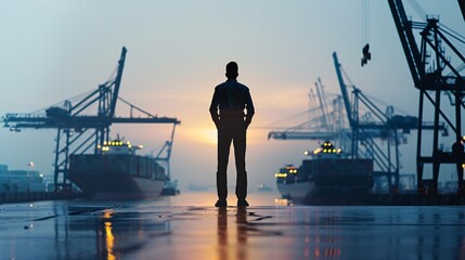 Poster - The dark outline of a manager stands on a pier, overlooking a fleet of cargo ships, cranes, and containers, capturing the essence of global logistics and transportation management.