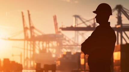 Poster - The silhouette of a logistics manager stands against a backdrop of a busy transportation hub, with cargo containers and trucks in the background, symbolizing efficient operations in the logistics