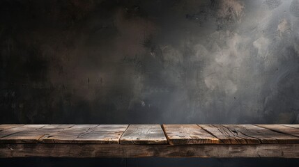 Wide long rustic wooden table top with a moody dark grey background