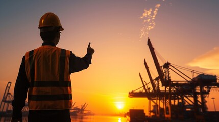 Poster - Silhouetted in the foreground, a transportation manager gestures towards an active cargo terminal, symbolizing the orchestration of global logistics.