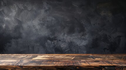 Wide long rustic wooden table top with a moody dark grey background