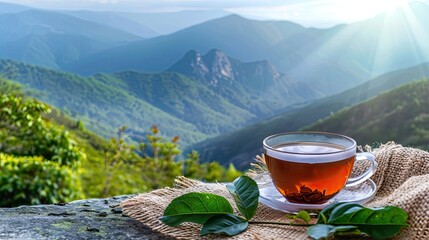 Wall Mural - a cup of tea on the background of mountains. Selective focus